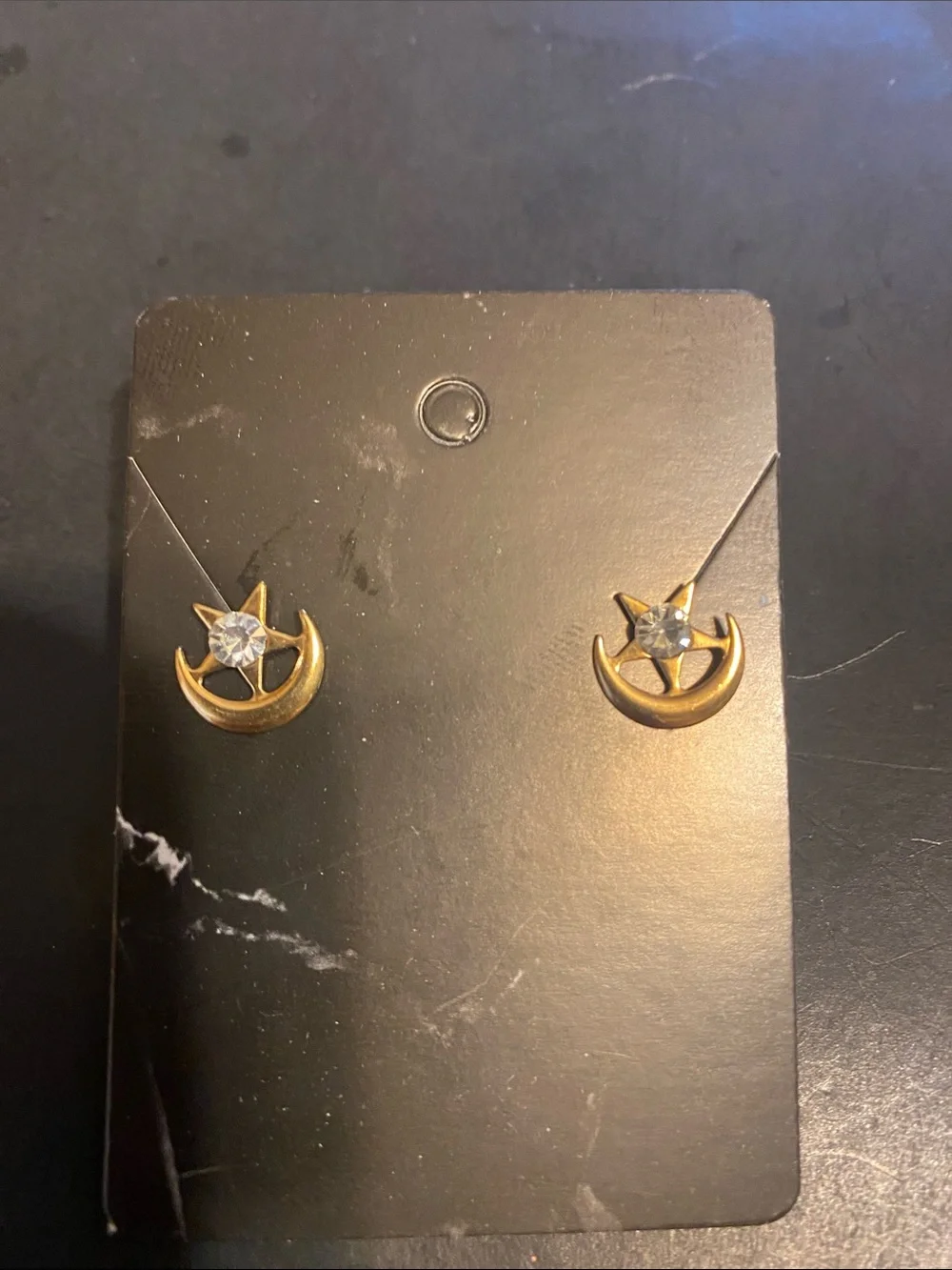 Gold Crescent Moon and Black Stone Stud Earring Set